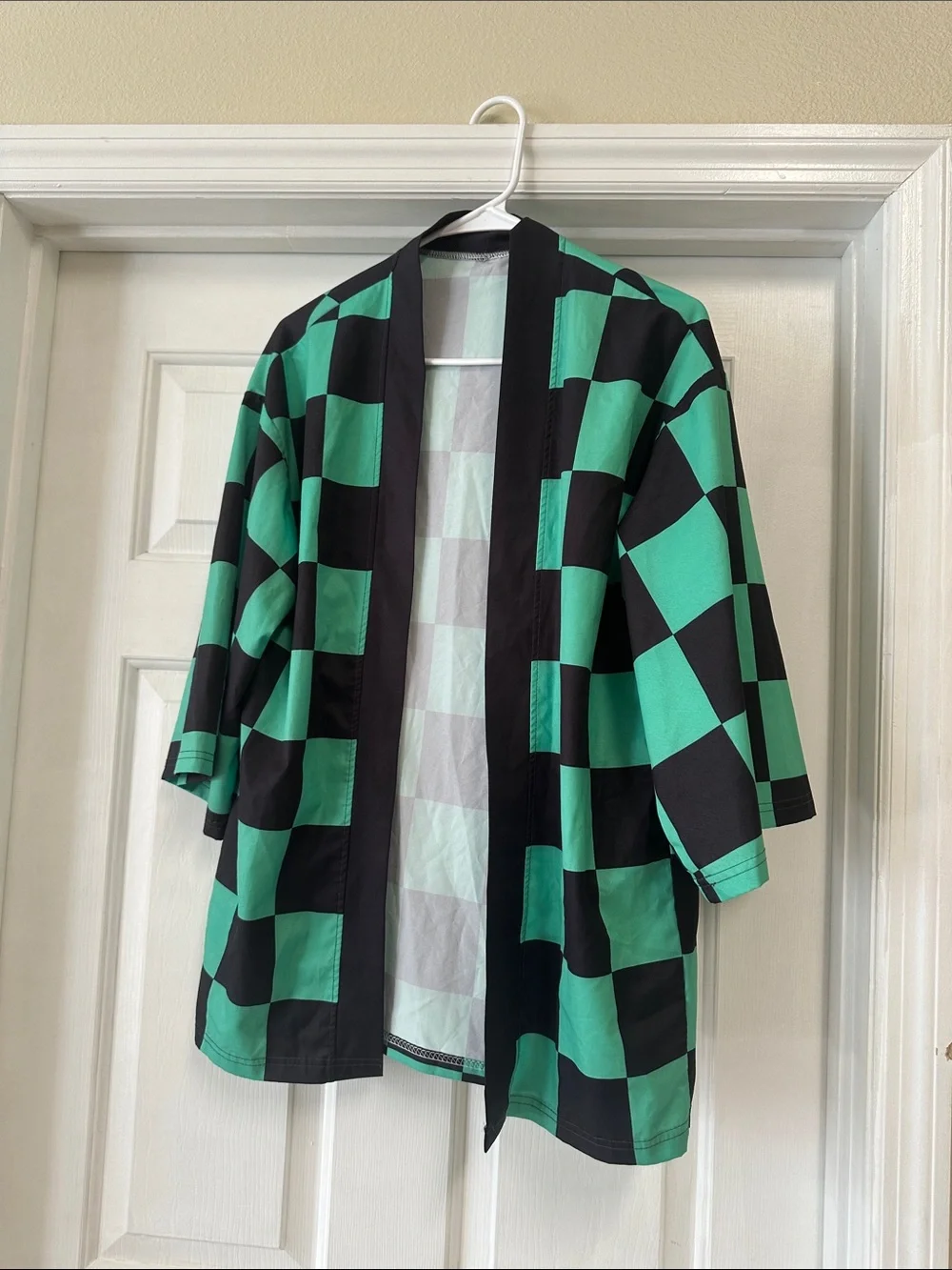 Child’s Demon Slayer Open-Front Checker Kimono Jacket - Green & Black